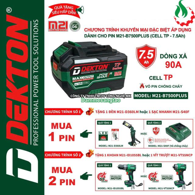 Pin Dekton 21V M21-B7500Plus chân pin Makita (Cell pin TP - Xả tối đa 90A)