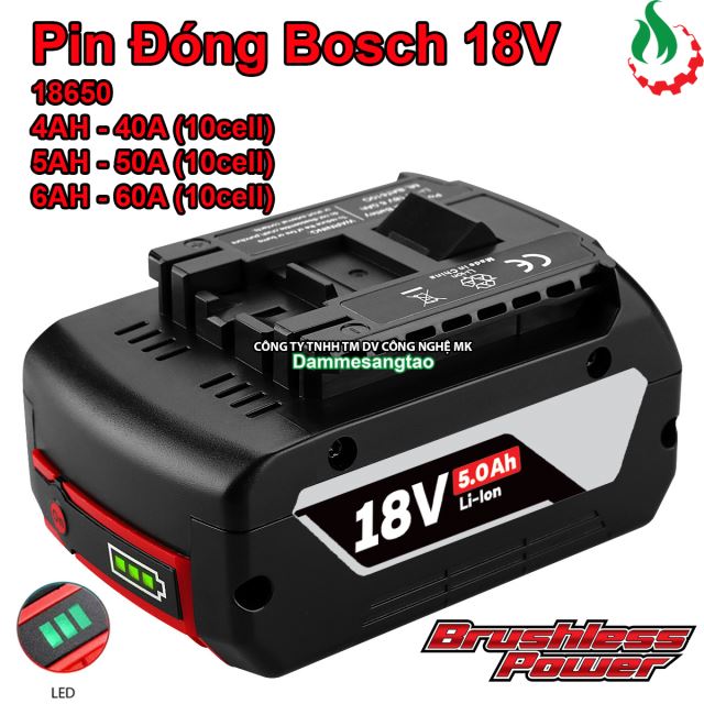 Pin đóng Bosch 18V nhận sạc zin (Pin 18650 Lishen hoặc tương đương)