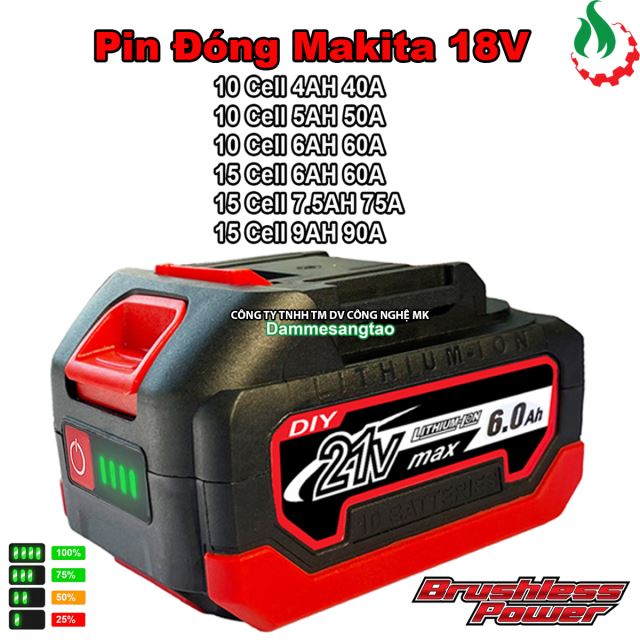 Pin đóng Makita 18V mạch sạc adapter vỏ chống sốc Mẫu 1 (Pin đóng Lishen hoặc tương đương)