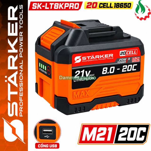 Pin sạc STARKER 21V SK-LT8KPRO 20Cell 18650 có cổng USB chân phổ thông
