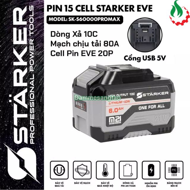 Pin STARKER 21V SK-S6000PROMAX EVE 15 Cell 18650 6AH chân pin Makita