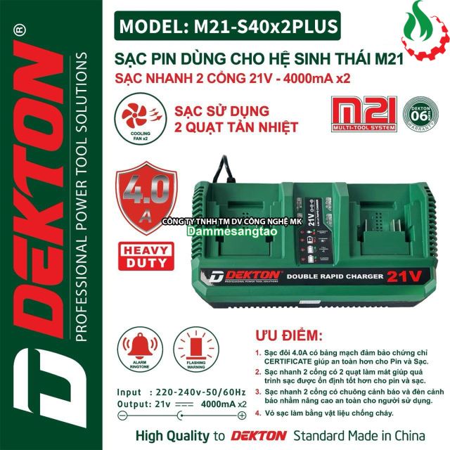 Sạc pin Dekton 21V M21-S40x2Plus (4.0A x 2 cổng) chân pin Makita (Sạc đôi)