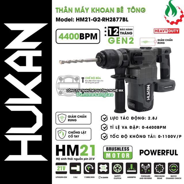 Máy khoan bê tông pin 21V Hukan HM21-G2-RH2877BL