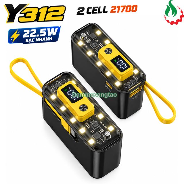 Vỏ box sạc dự phòng 2 cell 21700 (Y312) sạc nhanh 22.5W có đèn led (Không kèm cell pin)