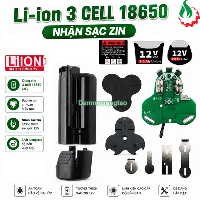 Vỏ pin BOSCH 10.8V 12V 18650 (3 Cell) Li-ion nhận sạc zin (VB12183IZ)