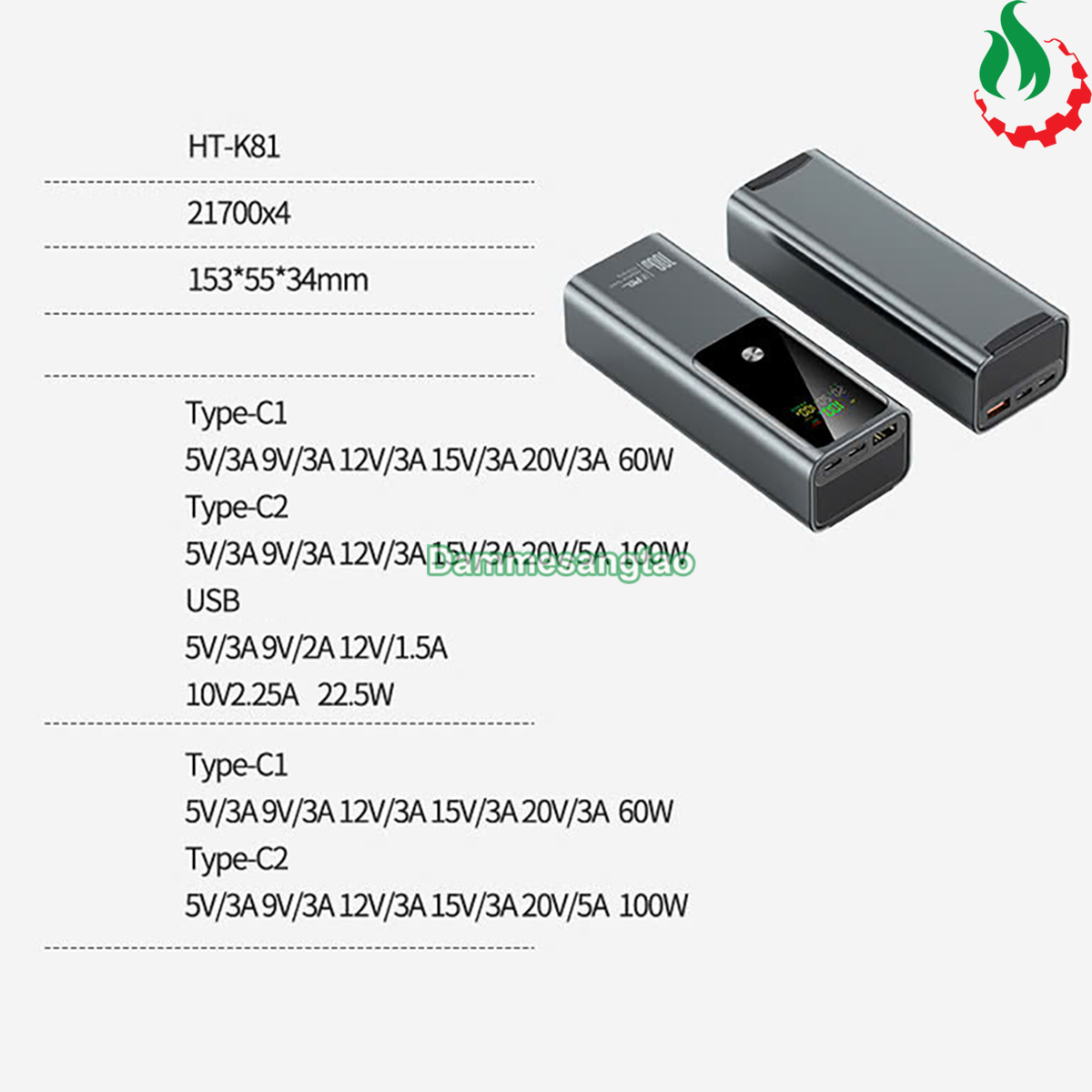 Box sạc dự phòng 4 cell 21700 (HT-K81) sạc nhanh 60W (Hổ trợ sạc Laptop)