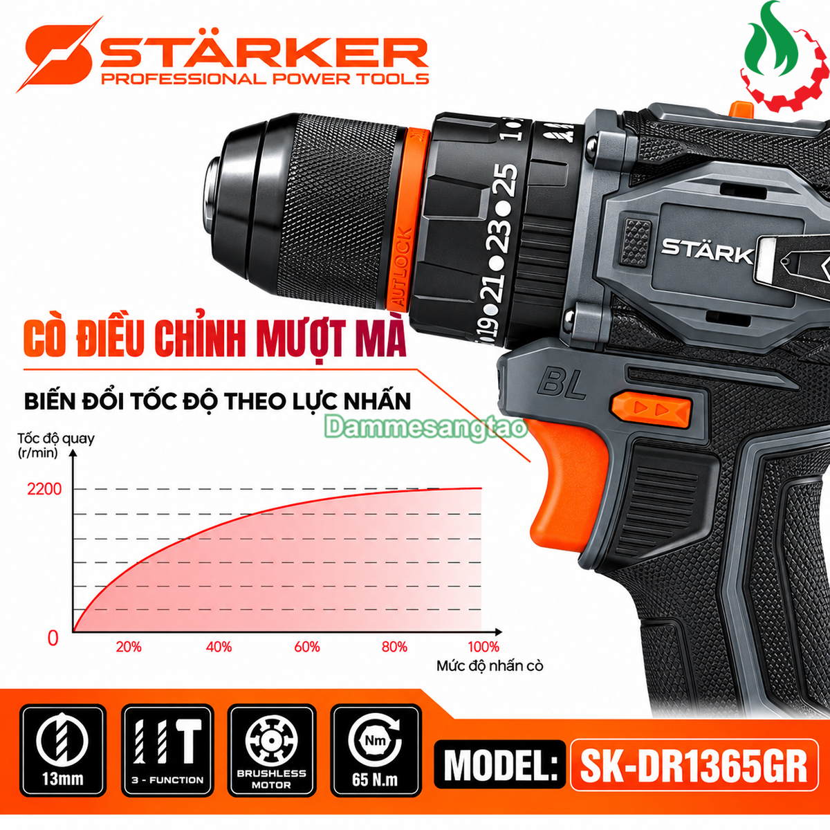 Máy khoan pin STARKER 21V SK-DR1365GR không chổi than 65N.m chân phổ thông