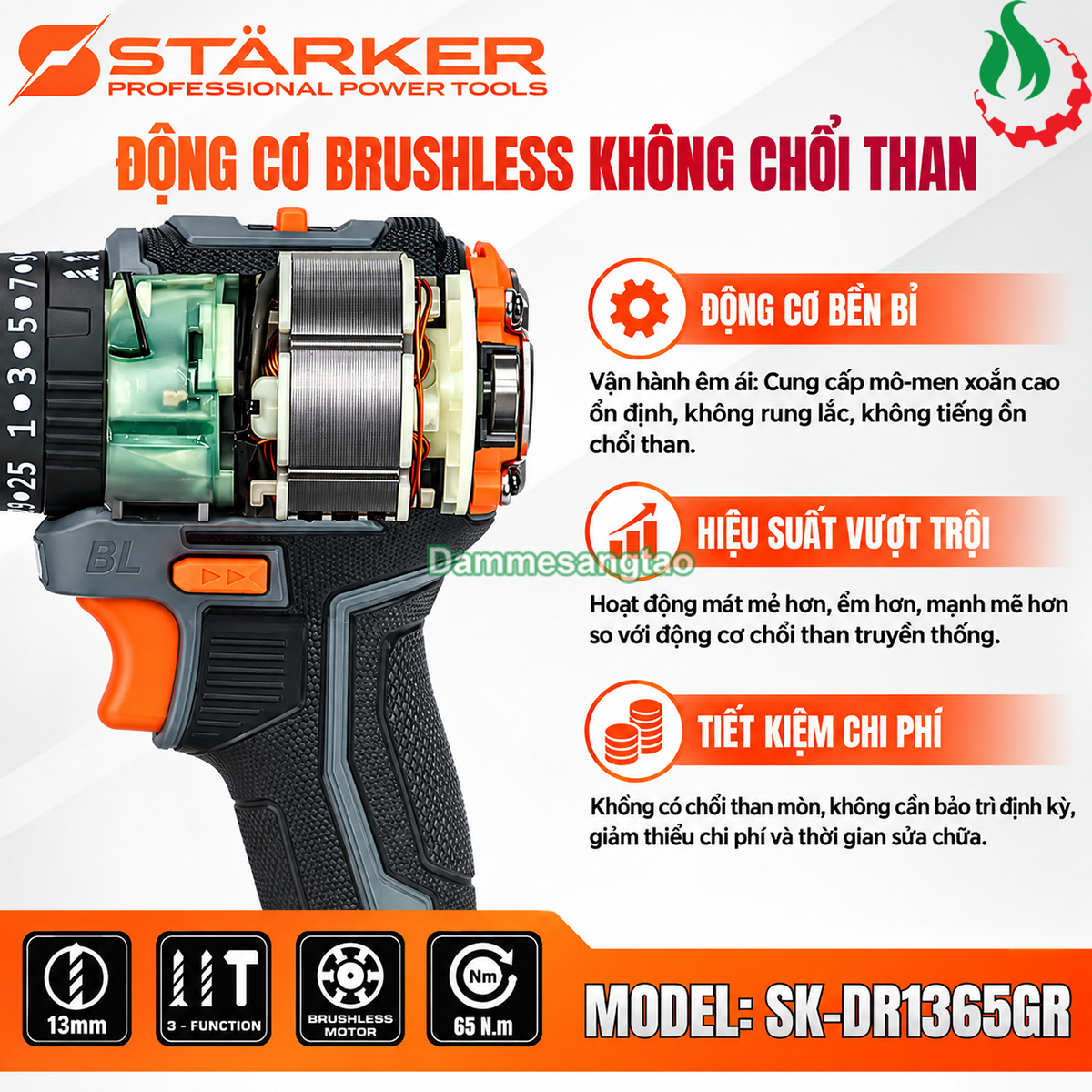 Máy khoan pin STARKER 21V SK-DR1365GR không chổi than 65N.m chân phổ thông