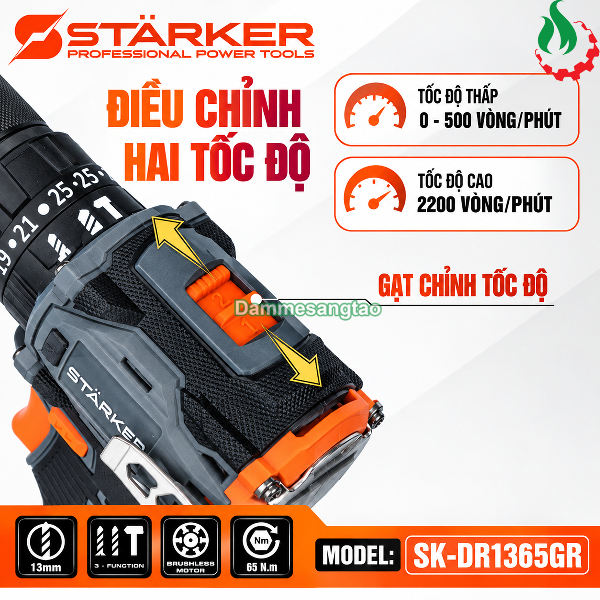 Máy khoan pin STARKER 21V SK-DR1365GR không chổi than 65N.m chân phổ thông