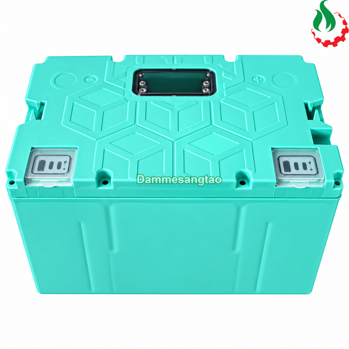 Mặt trước hộp đựng pin xe điện 48V 32140 16S2P màu xanh ngọc, nắp có vị trí lắp cọc điện