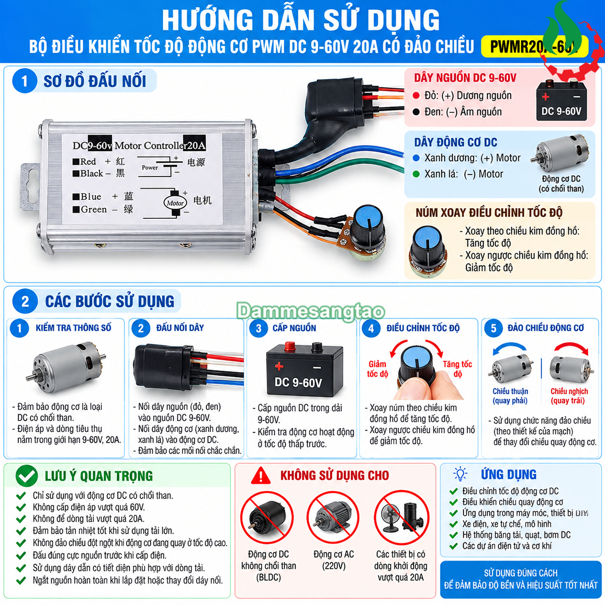 Bộ điều khiển tốc độ động cơ PWM DC 9-60V 20A 1200W có đảo chiều PWMR20A-60V