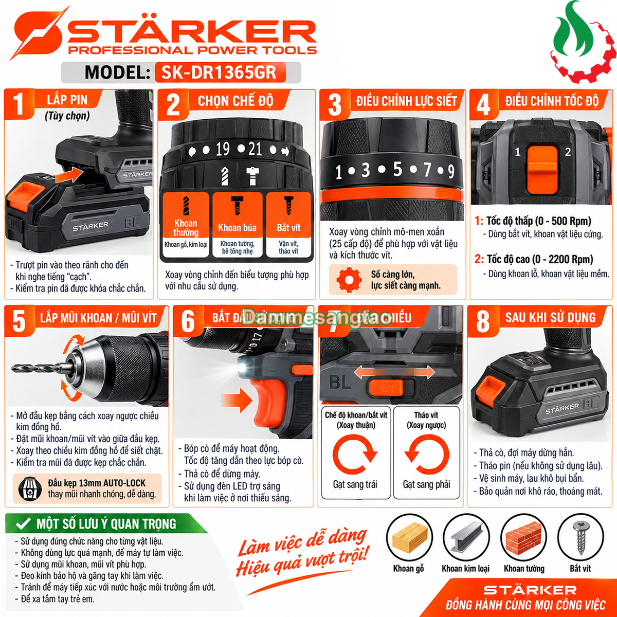 Máy khoan pin STARKER 21V SK-DR1365GR không chổi than 65N.m chân phổ thông