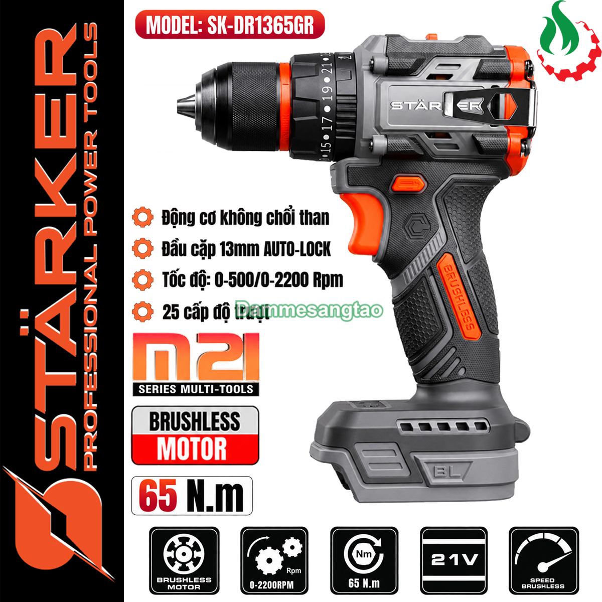 Máy khoan pin STARKER 21V SK-DR1365GR không chổi than 65N.m chân phổ thông