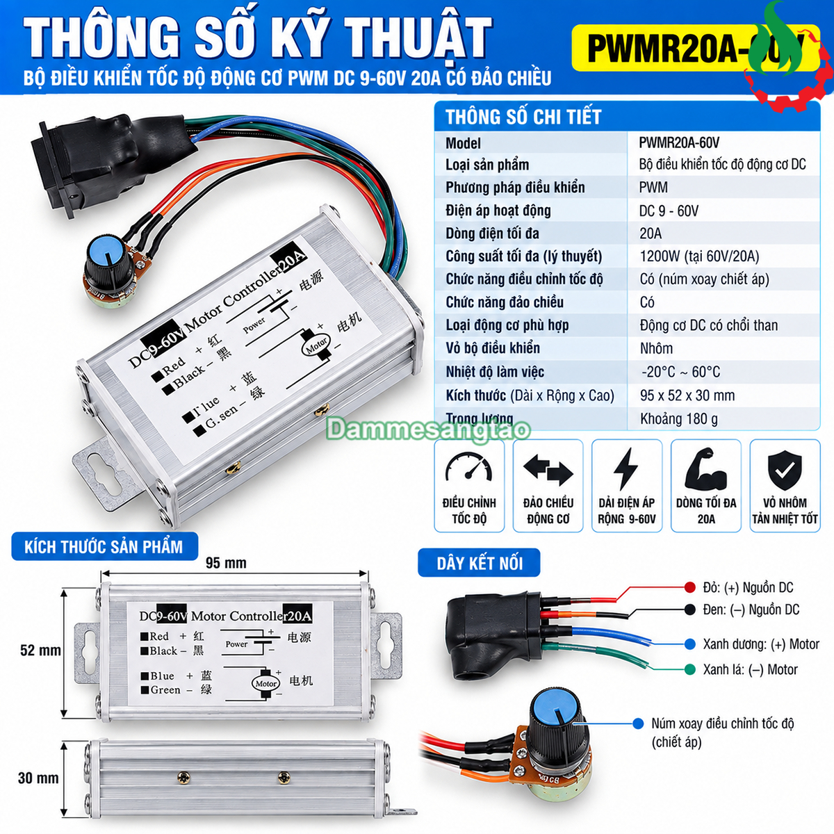 Bộ điều khiển tốc độ động cơ PWM DC 9-60V 20A 1200W có đảo chiều PWMR20A-60V