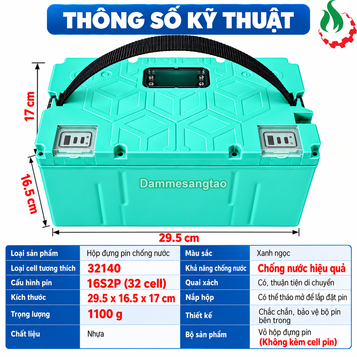 Thông số kỹ thuật hộp pin xe điện 48V 32140 16S2P kích thước 29.5 x 16.5 x 17cm trọng lượng 1100g