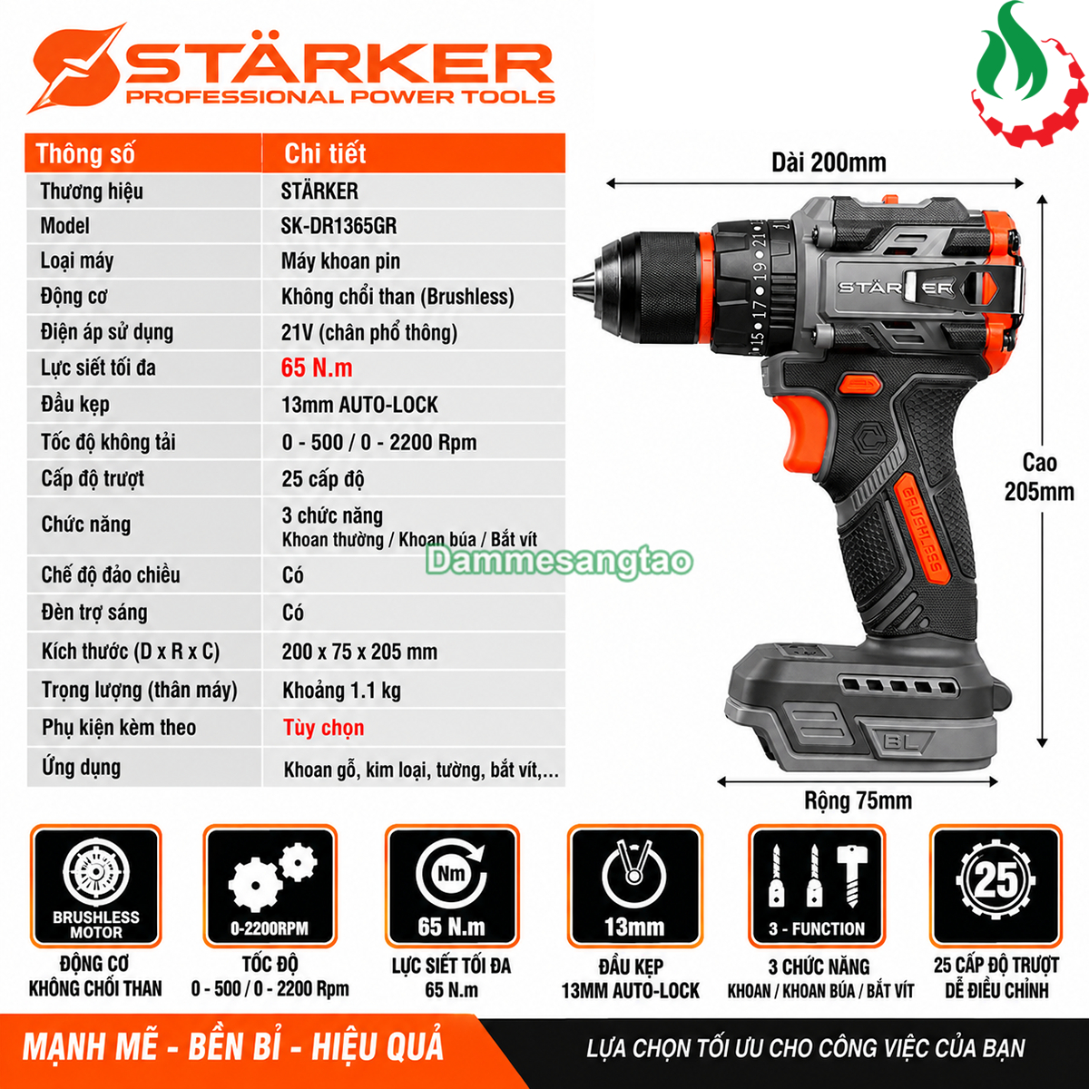 Máy khoan pin STARKER 21V SK-DR1365GR không chổi than 65N.m chân phổ thông