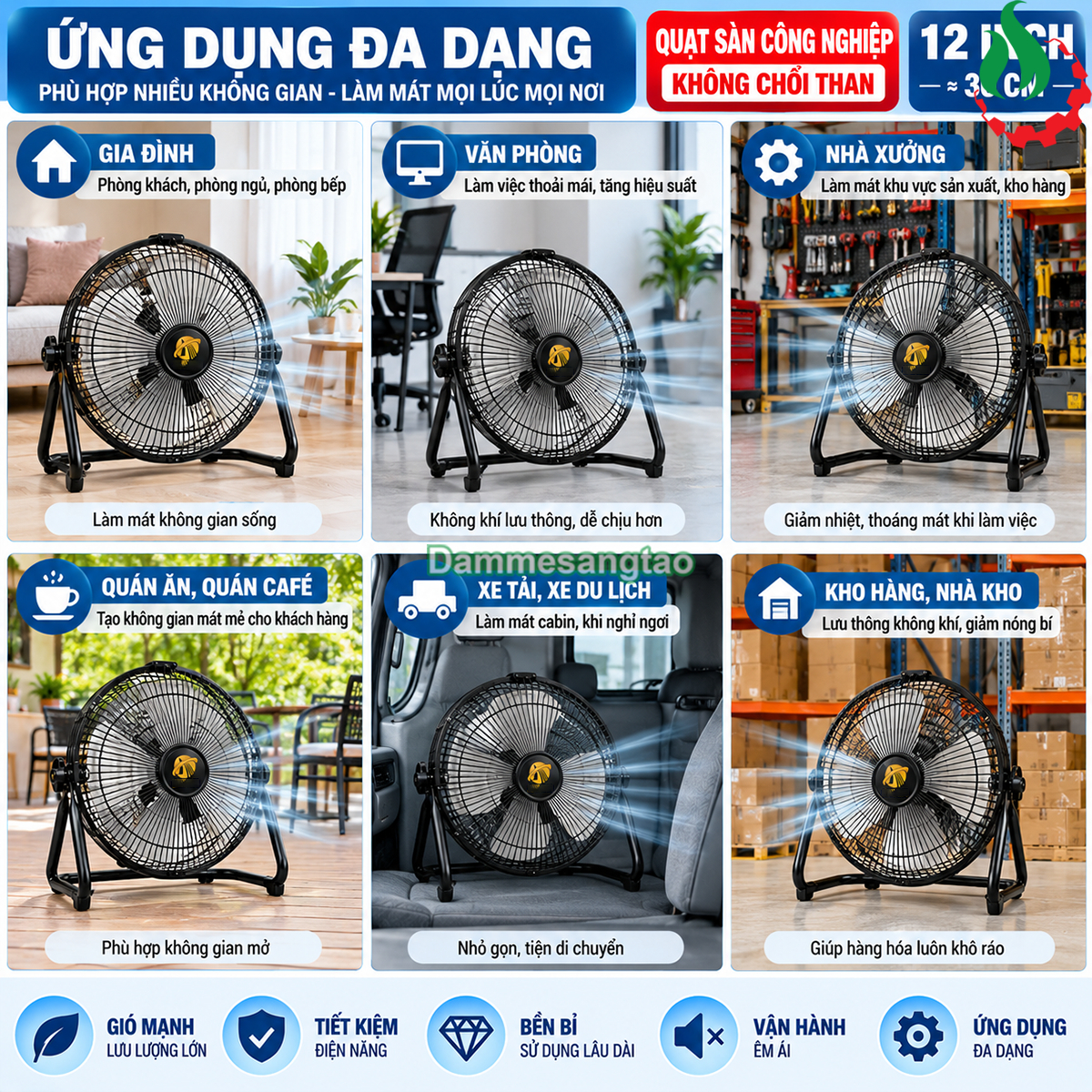 Quạt dùng pin 12V-21V QBL12-M21 không chổi than 12 inch chân phổ thông