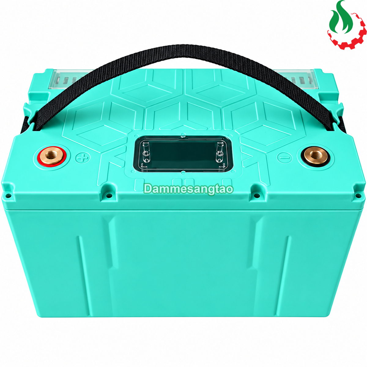 Hộp đựng pin 12V 32140 4S8P nhìn chính diện có quai xách và vị trí đồng hồ báo pin
