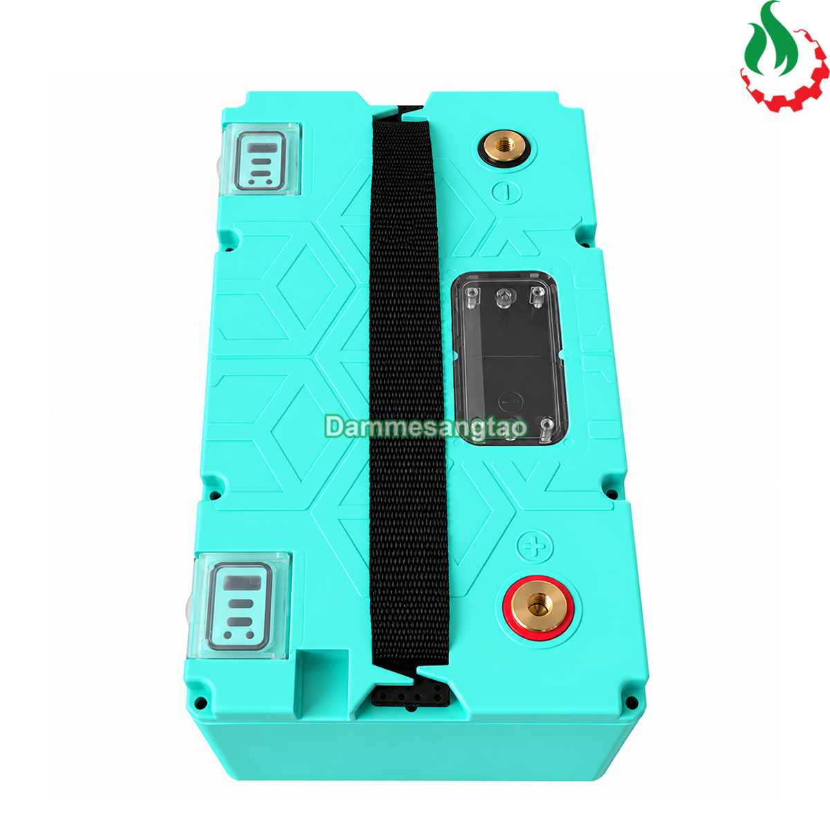 Mặt trên hộp pin 12V 32140 4S8P với quai xách, cọc đồng và vị trí lắp đồng hồ báo pin