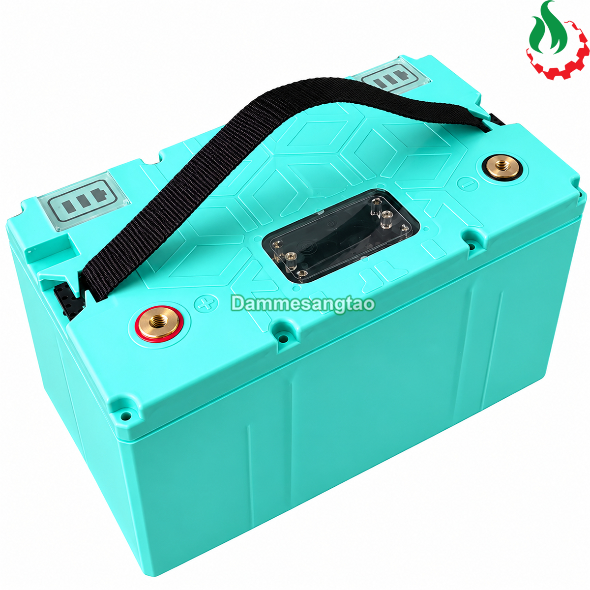 Hộp pin 12V 4S8P 120AH góc nghiêng phải với cọc đồng và quai xách chắc chắn