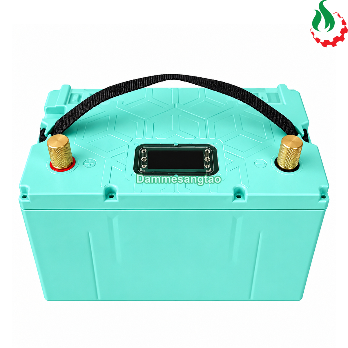 Hộp pin 12V 4S8P 32140 có hai cọc đồng kết nối cực âm dương và màn hình báo pin