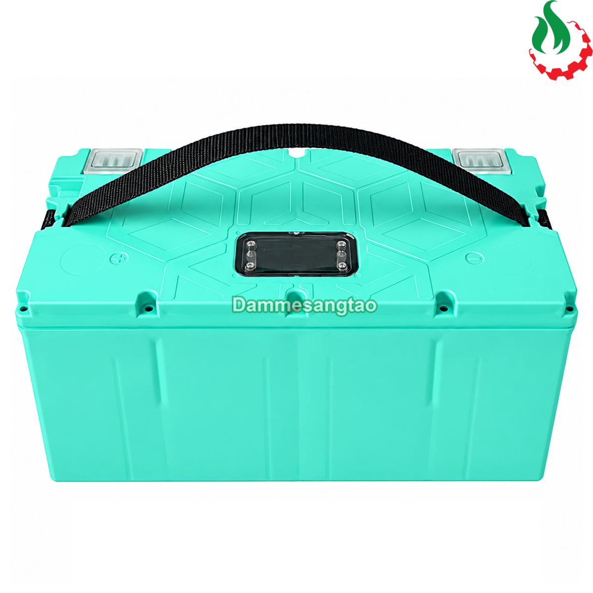 Mặt trước hộp đựng pin xe điện 60V 32140 20S2P màu xanh ngọc có quai xách