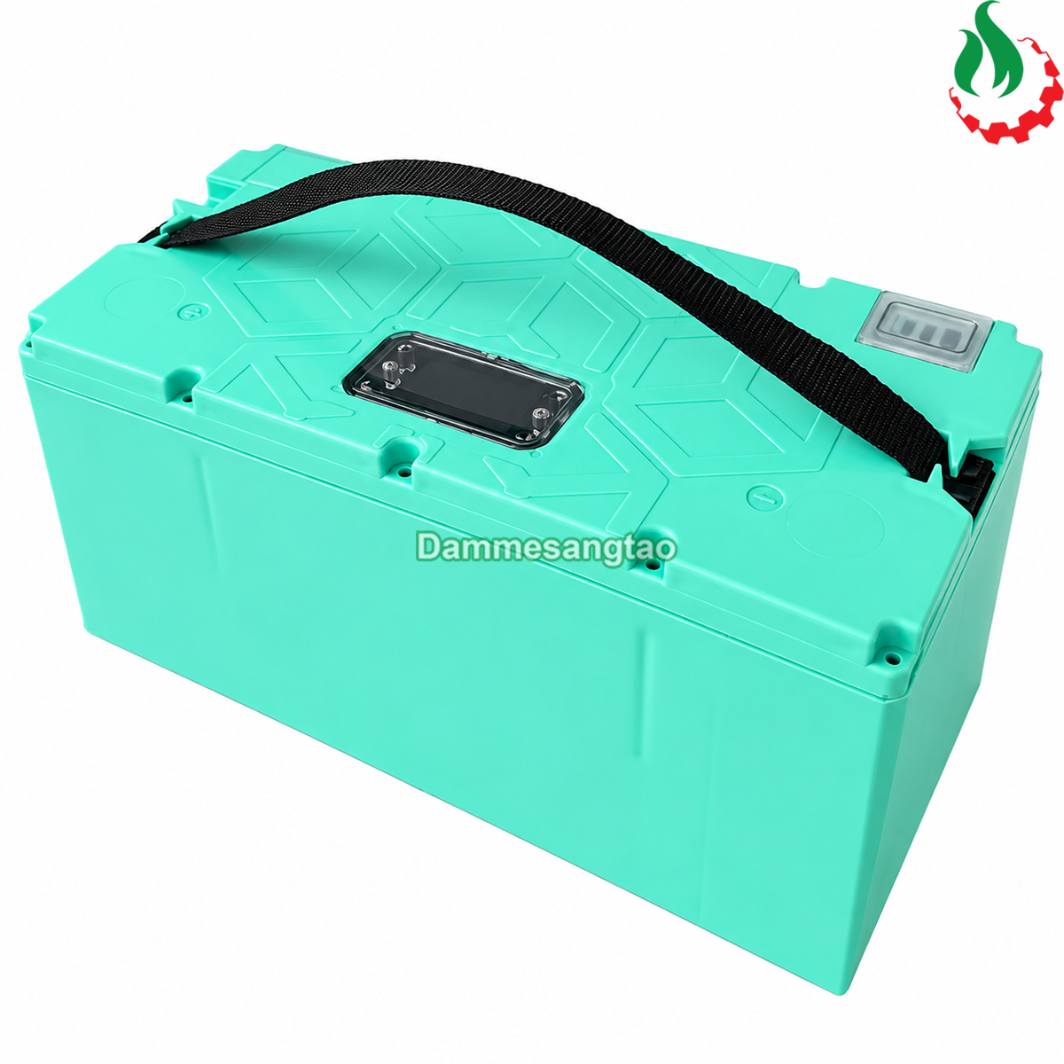 Góc nghiêng phải hộp đựng pin xe điện 60V 32140 màu xanh ngọc với nắp có hoa văn