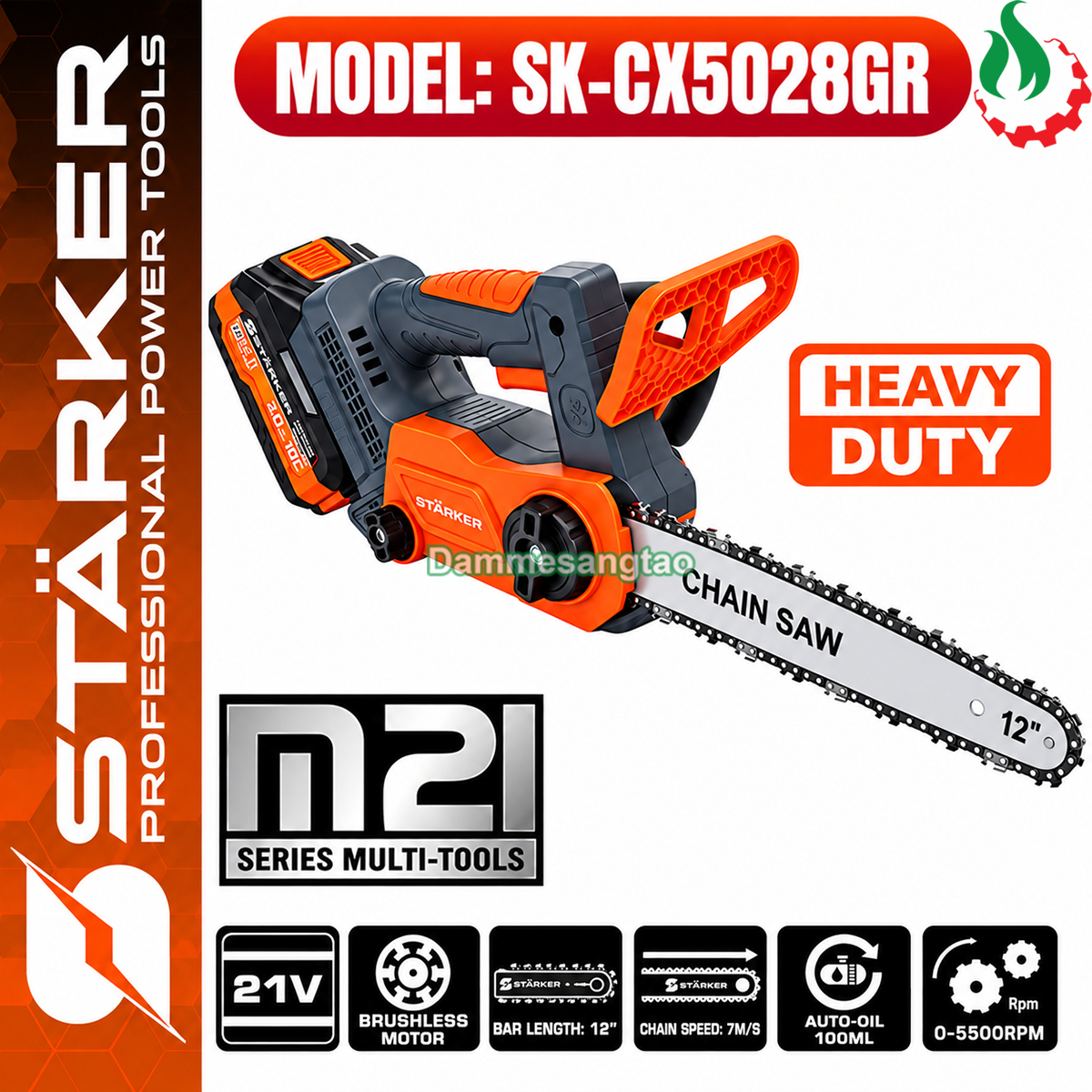 Ảnh giới thiệu cưa xích pin STARKER SK-CX5028GR 21V Brushless lưỡi 12 inch tốc độ 5500 vòngphút