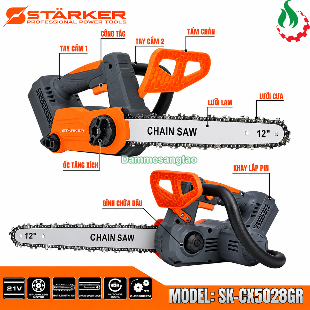 Cấu tạo máy cưa xích pin STARKER SK-CX5028GR gồm tay cầm tấm chắn lưỡi lam xích và bình chứa dầu