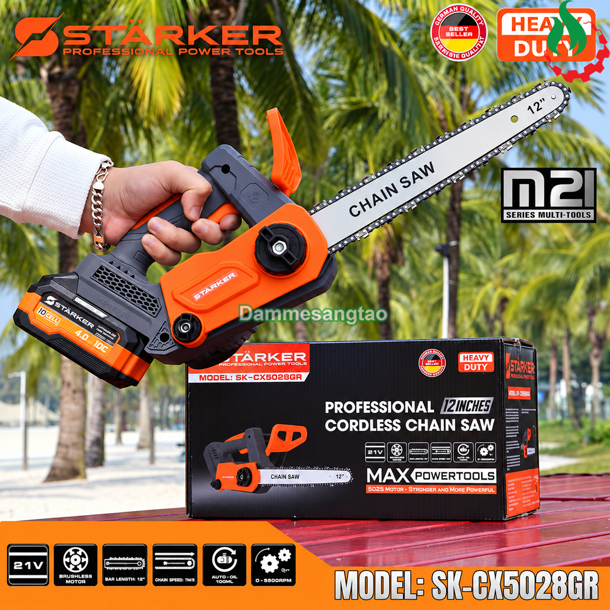 Máy cưa xích pin STARKER SK-CX5028GR 21V không chổi than 12 inch cùng hộp sản phẩm