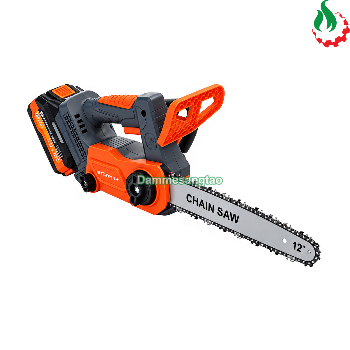 Máy cưa xích STARKER SK-CX5028GR 21V lưỡi 12 inch có lắp pin nhìn từ góc nghiêng