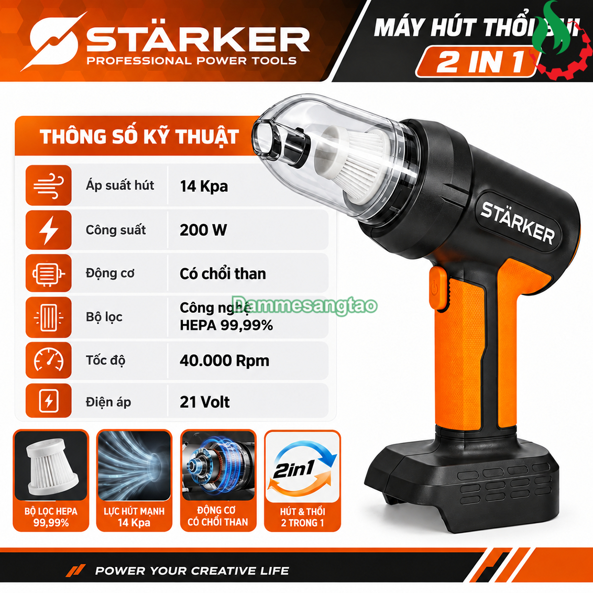 Thông số kỹ thuật máy hút thổi bụi pin STARKER 21V SK-VC03GR có chổi than 2in1