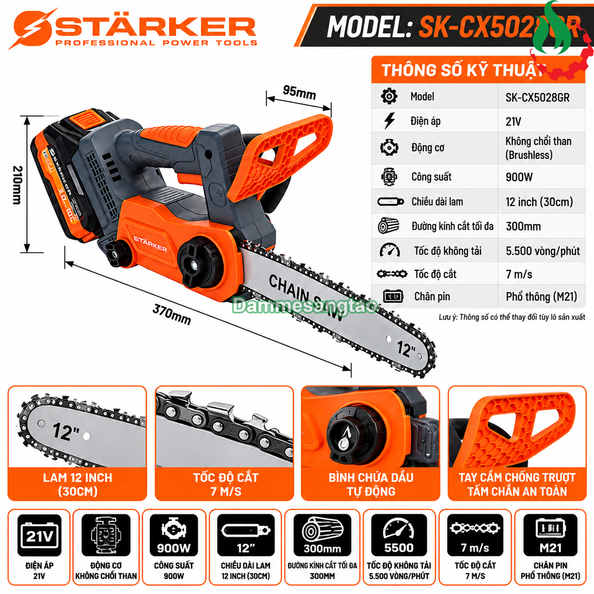 Thông số kỹ thuật cưa xích STARKER SK-CX5028GR 21V 900W Brushless lam 30cm tốc độ cắt 7ms