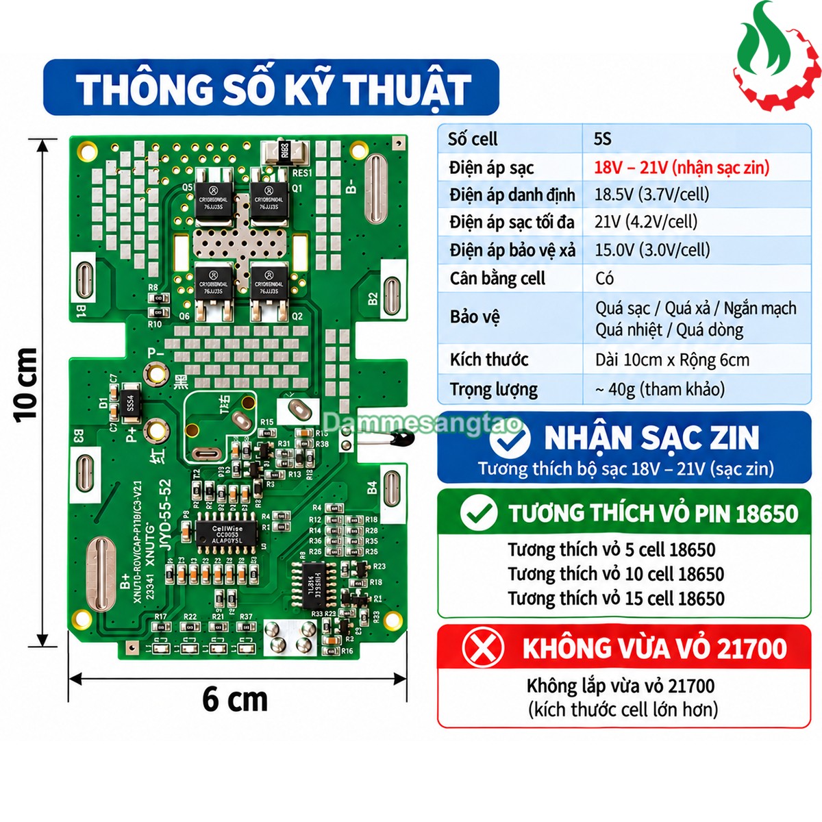 Thông số kỹ thuật mạch BMS RYOBI 18V 5S R-5S18IZ nhận sạc zin