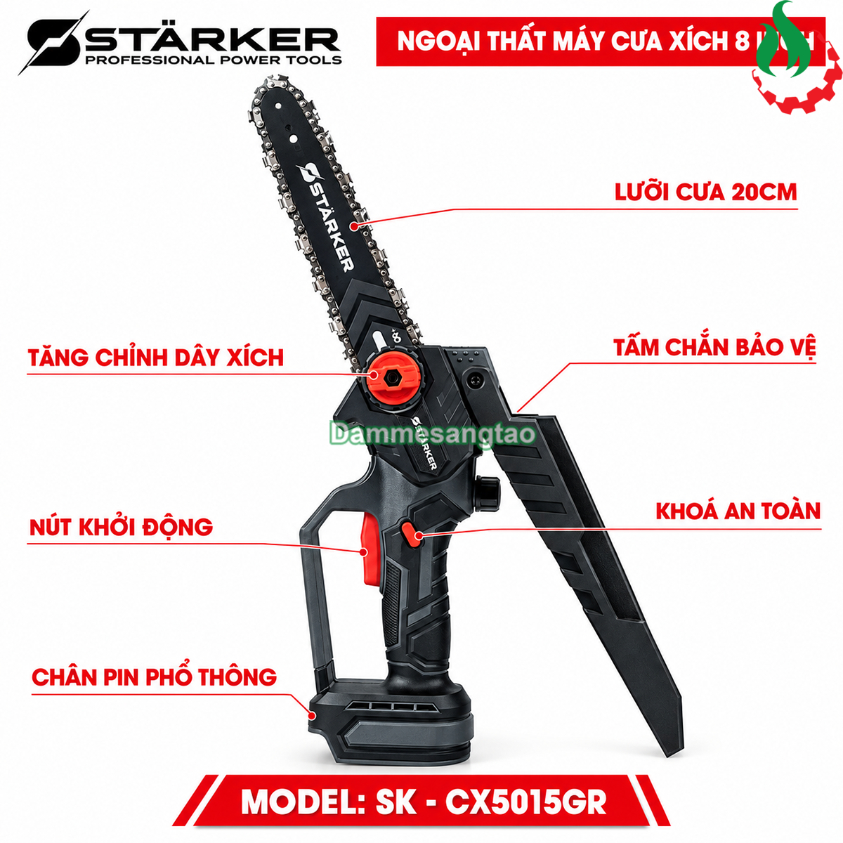 Cấu tạo máy cưa xích STARKER SK-CX5015GR gồm tăng chỉnh xích khóa an toàn và chân pin phổ thông