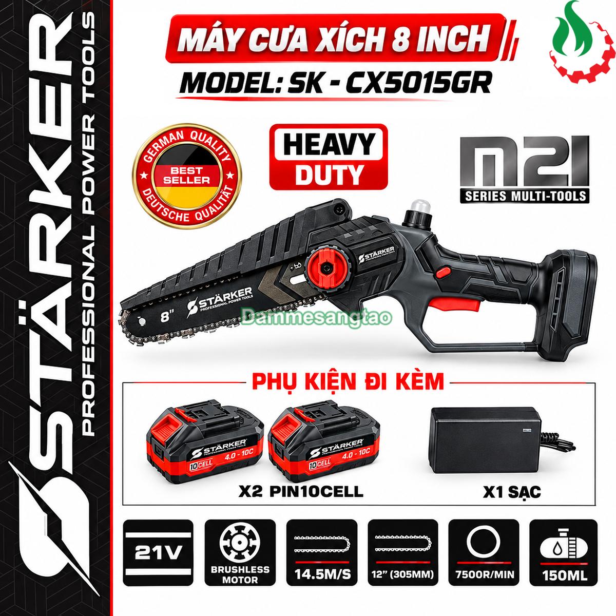 Máy cưa xích pin STARKER 21V SK-CX5015GR không chổi than có bơm dầu lưỡi 8 inch