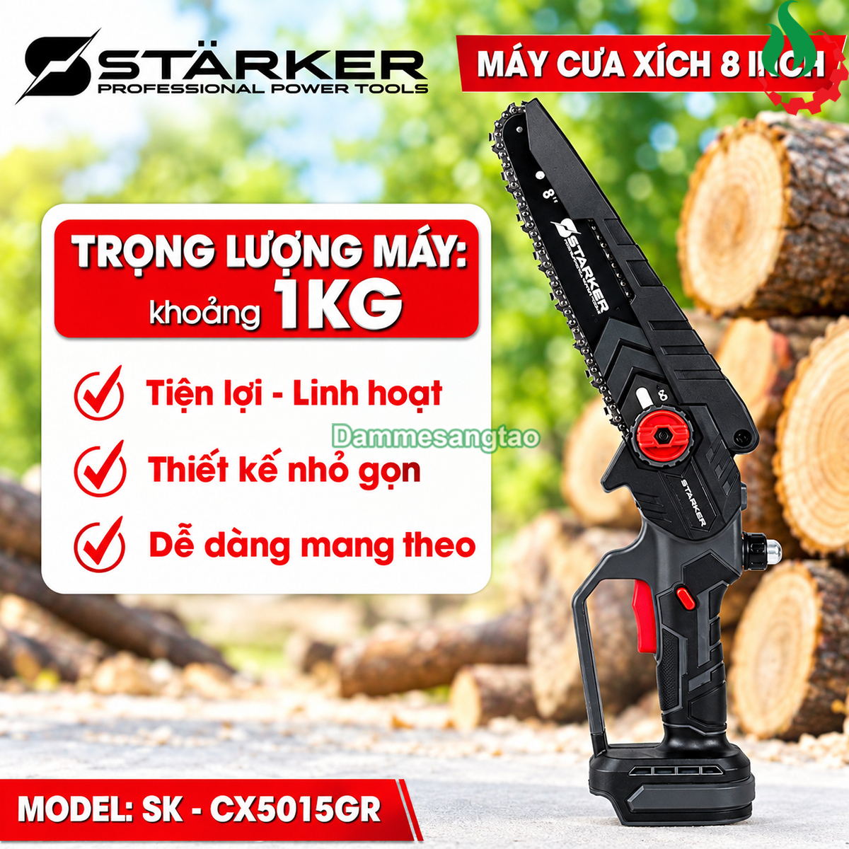 Máy cưa xích pin STARKER SK-CX5015GR 21V thiết kế nhỏ gọn trọng lượng khoảng 1kg