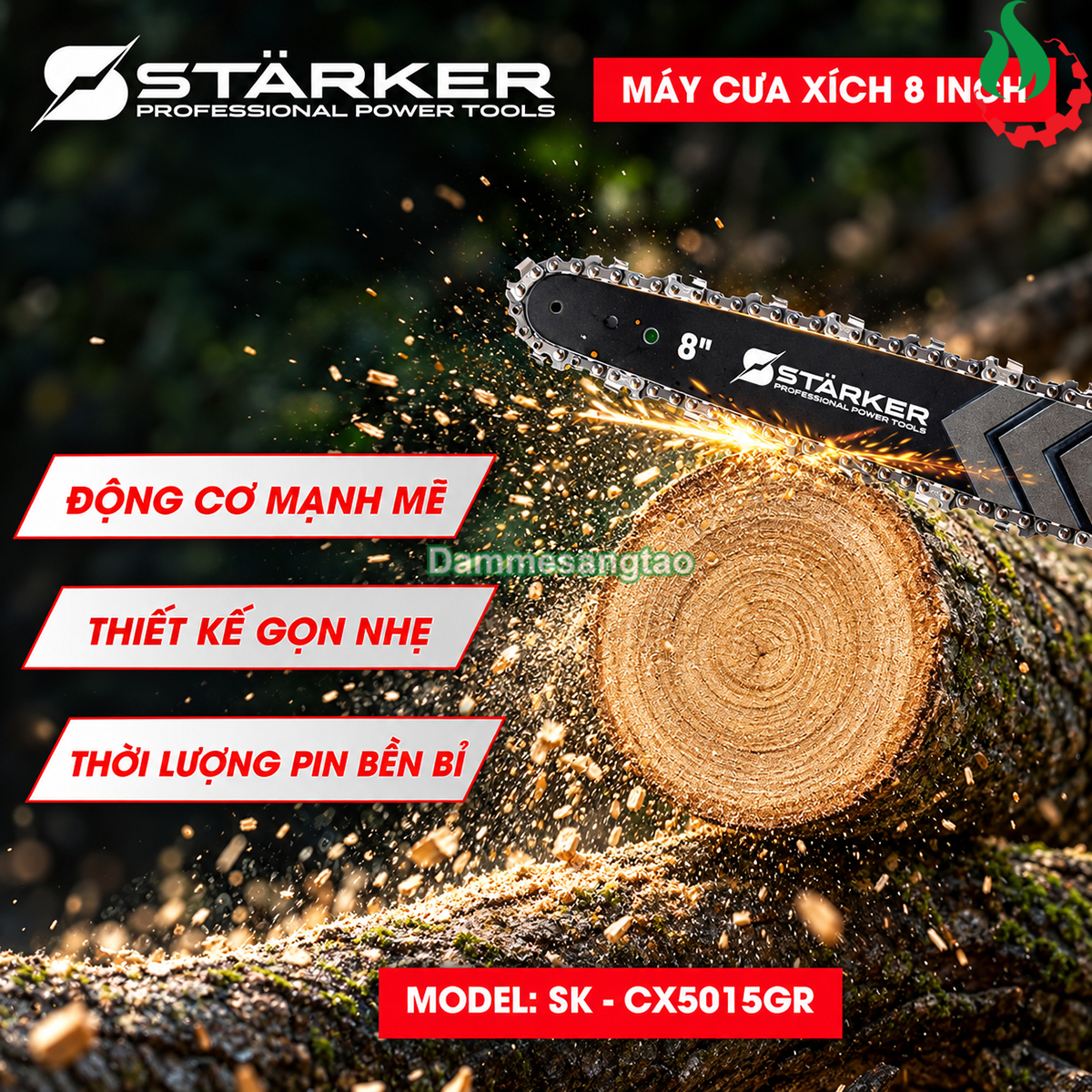 Máy cưa xích pin STARKER SK-CX5015GR 8 inch minh họa cắt gỗ với động cơ mạnh mẽ