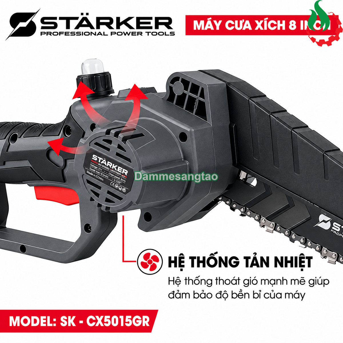 Hệ thống tản nhiệt và khe thông gió trên thân máy cưa xích pin STARKER SK-CX5015GR