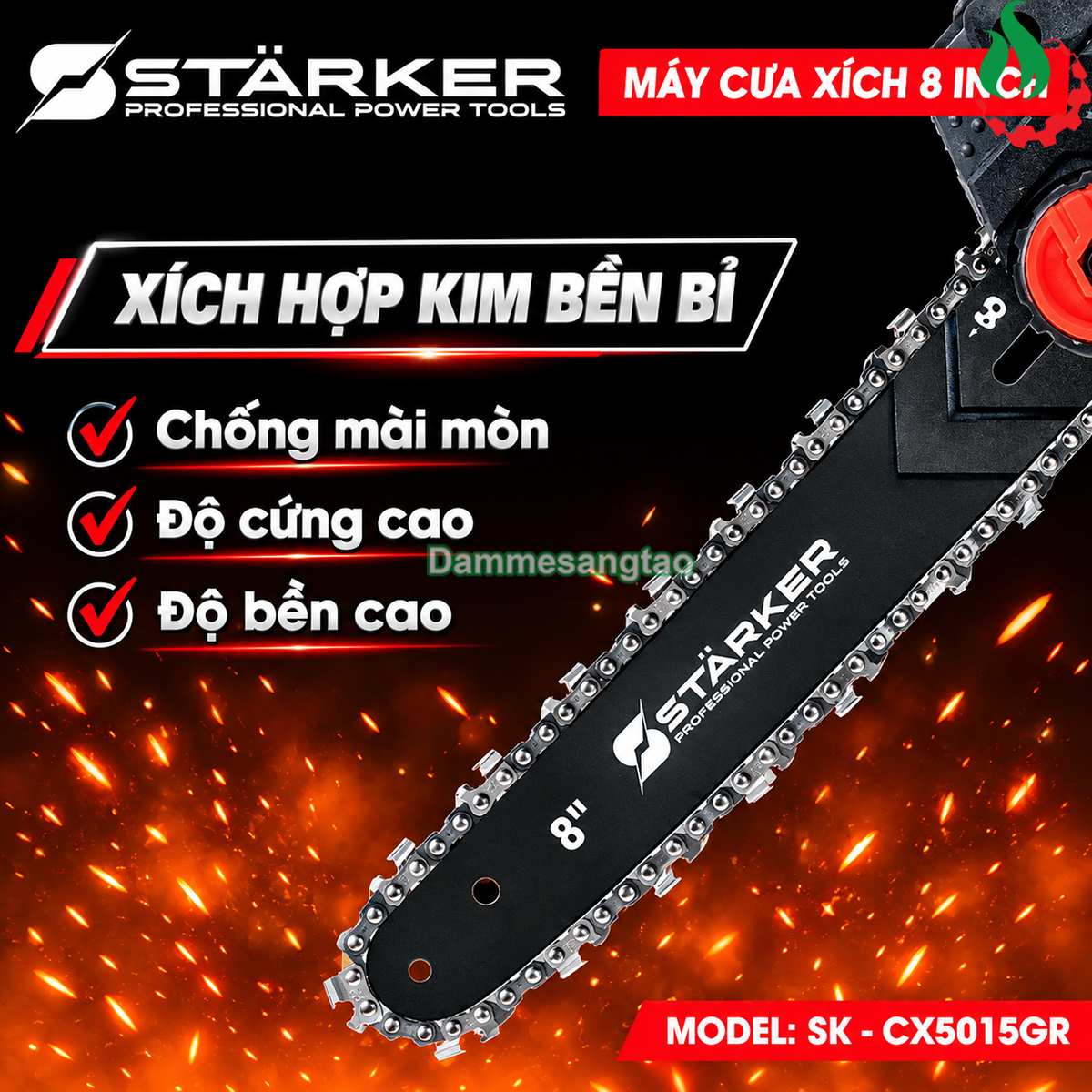 Chi tiết lưỡi xích hợp kim 8 inch của máy cưa xích pin STARKER SK-CX5015GR chống mài mòn