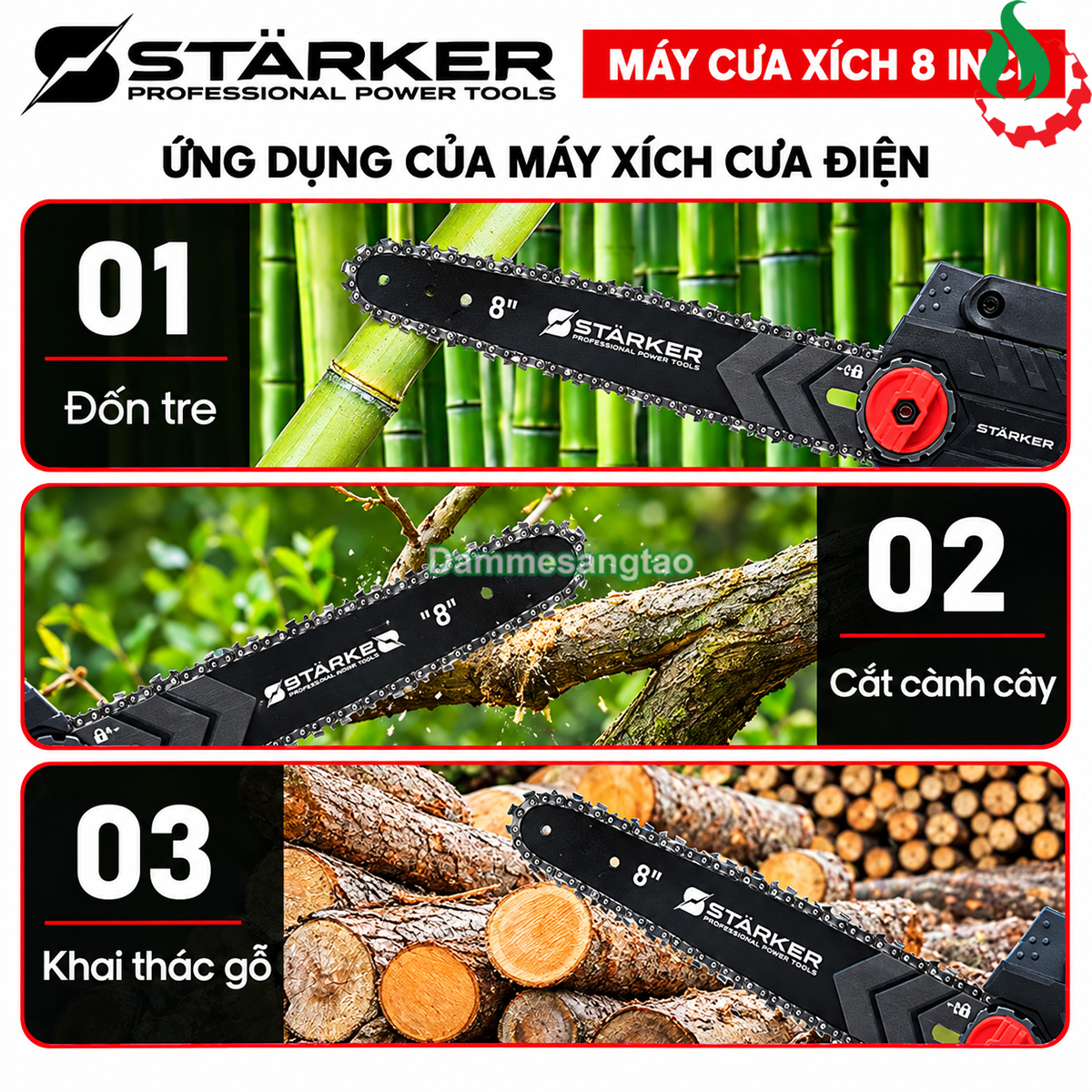Ứng dụng máy cưa xích pin STARKER SK-CX5015GR 8 inch để đốn tre cắt cành cây và cắt gỗ