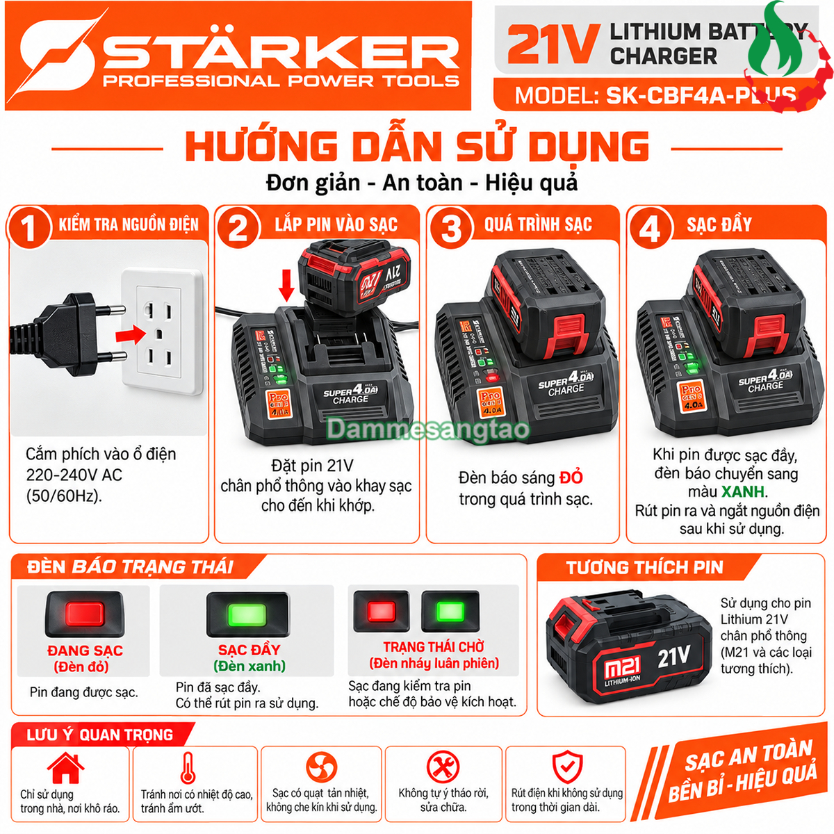 Đế sạc pin STARKER 21V SK-CBF4A-PLUS dòng sạc 4A chân phổ thông