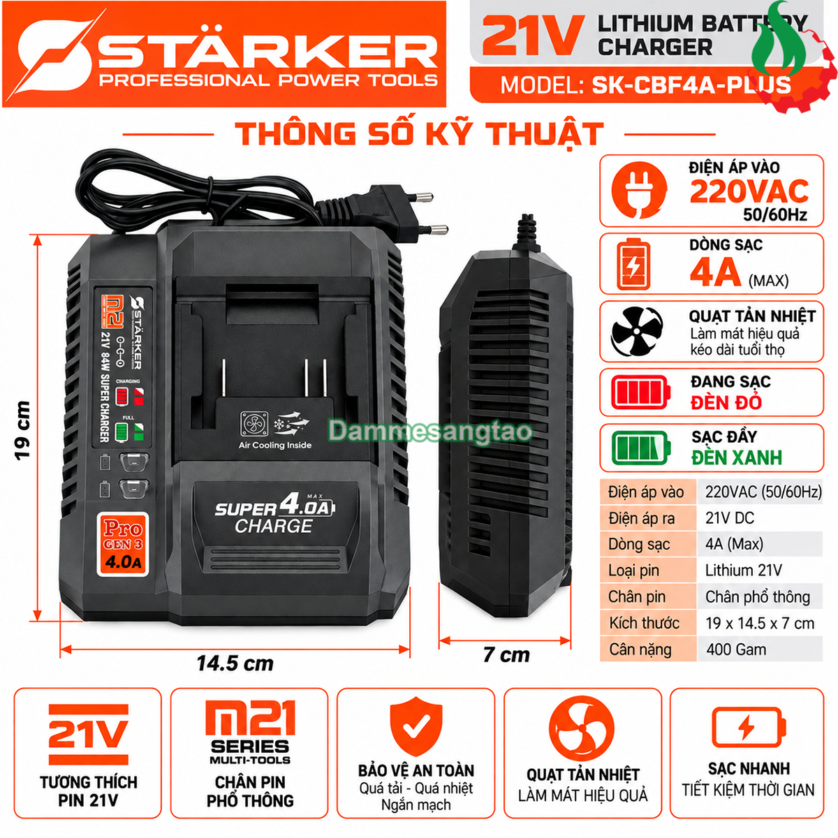 Đế sạc pin STARKER 21V SK-CBF4A-PLUS dòng sạc 4A chân phổ thông