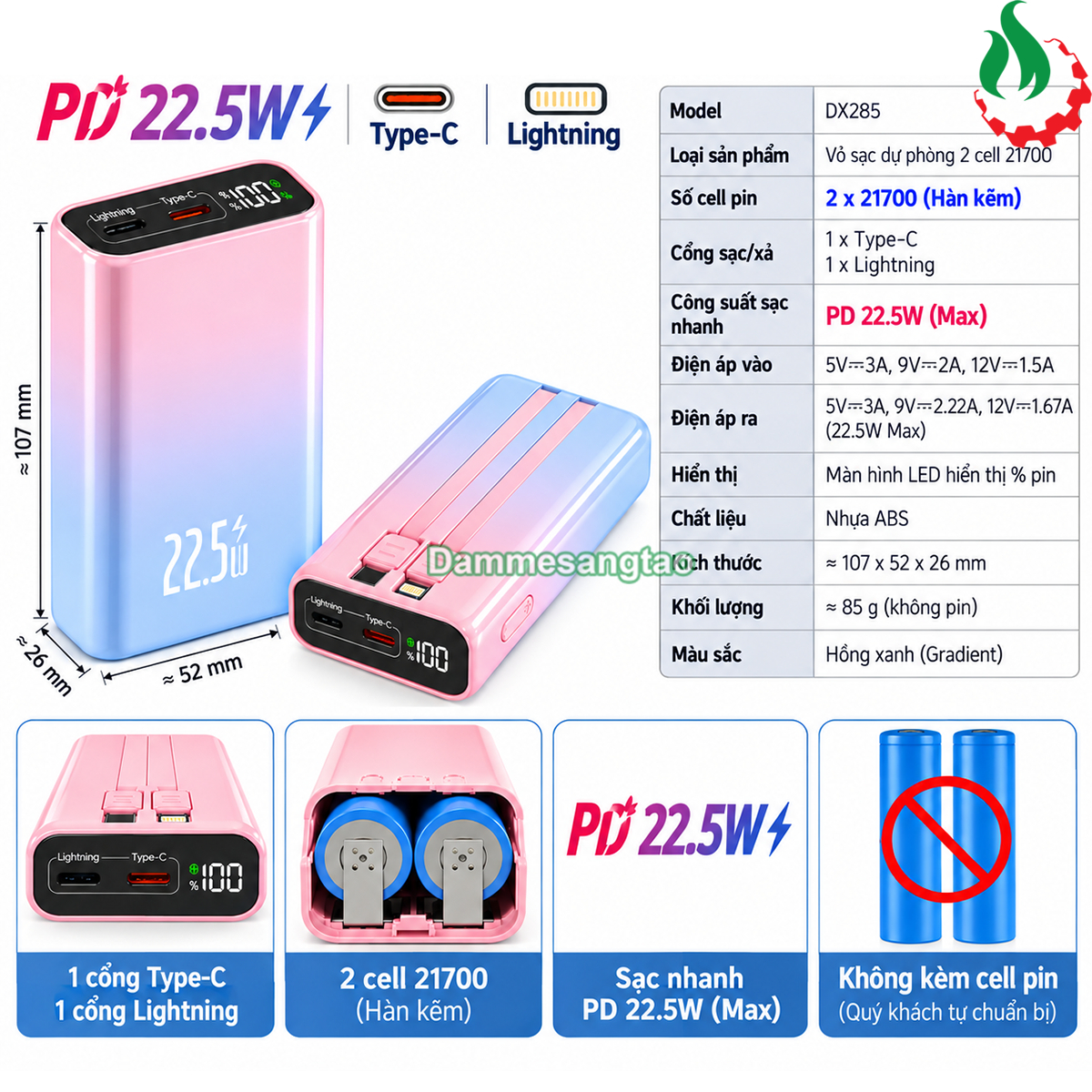 Box sạc dự phòng 2 cell 21700 (DX285) sạc nhanh 22.5W