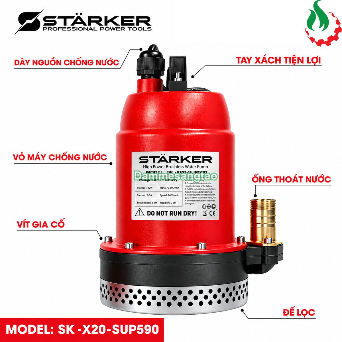 Chi tiết cấu tạo máy bơm chìm STARKER SK-X20-SUP590 gồm vỏ chống nước tay xách đầu thoát nước và đế lọc