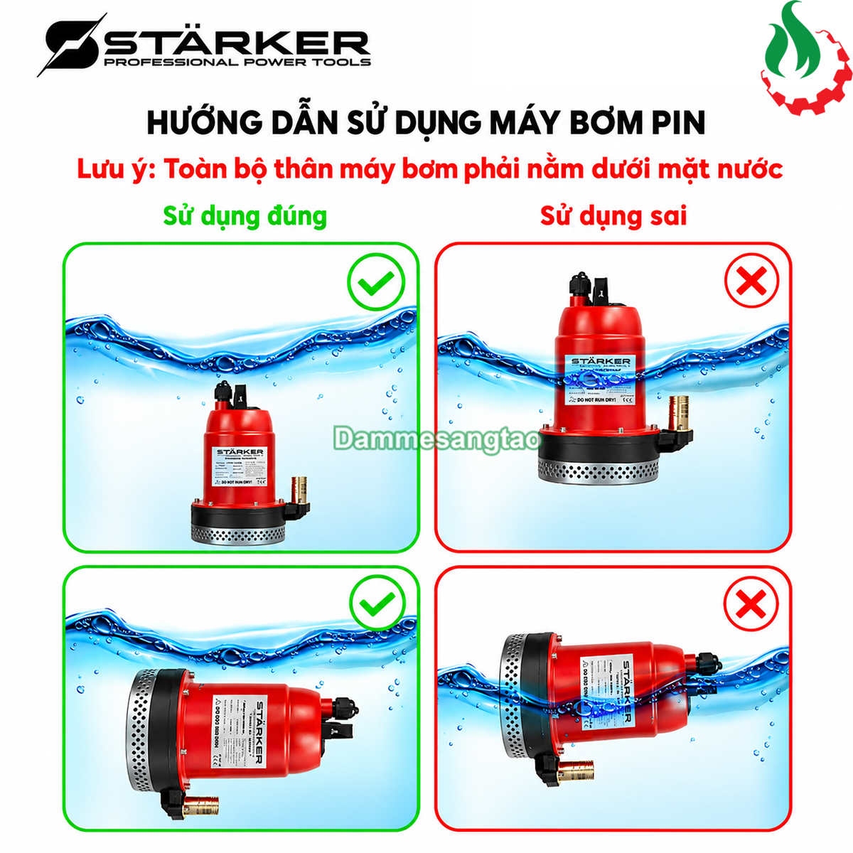 Hướng dẫn đặt máy bơm chìm STARKER SK-X20-SUP590 ngập hoàn toàn dưới nước đúng cách