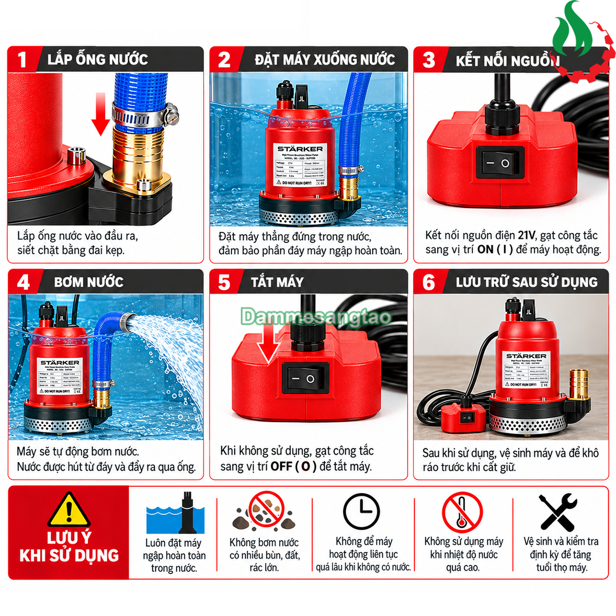Hướng dẫn 6 bước sử dụng máy bơm chìm pin STARKER SK-X20-SUP590 từ lắp ống nước đến vệ sinh bảo quản