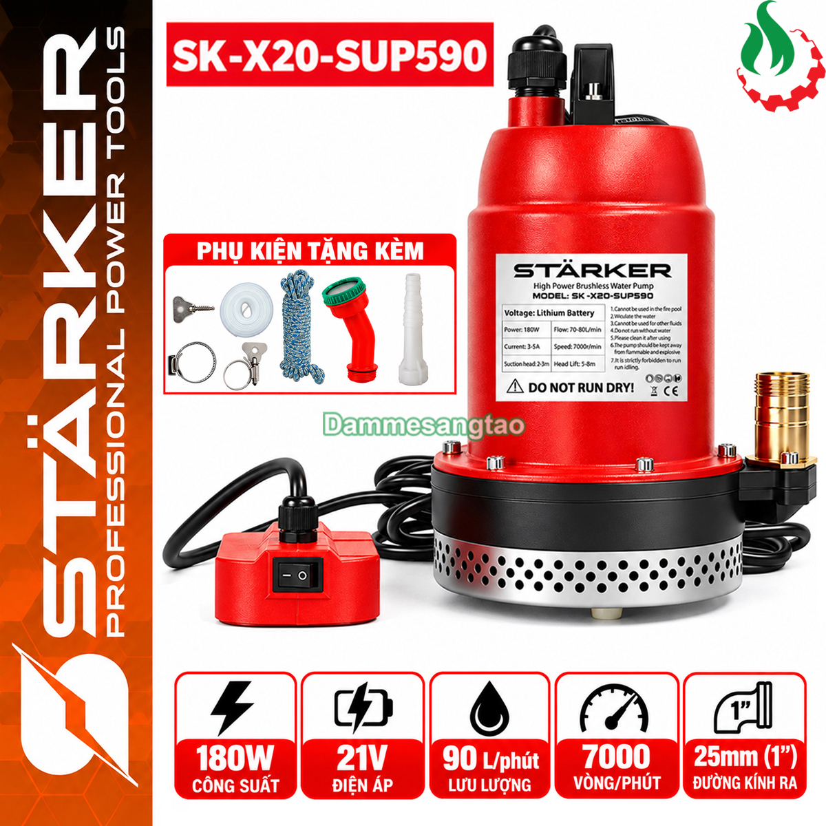 Máy bơm chìm pin STARKER SK-X20-SUP590 21V 180W cùng bộ phụ kiện ống nước và đầu nối tặng kèm