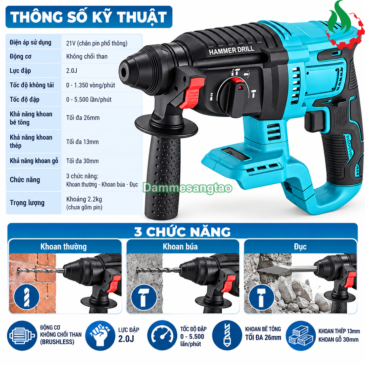 Máy khoan bê tông pin 18V BTM1-M18BL SDS-Plus 3 chức năng 2J không chổi than chân phổ thông