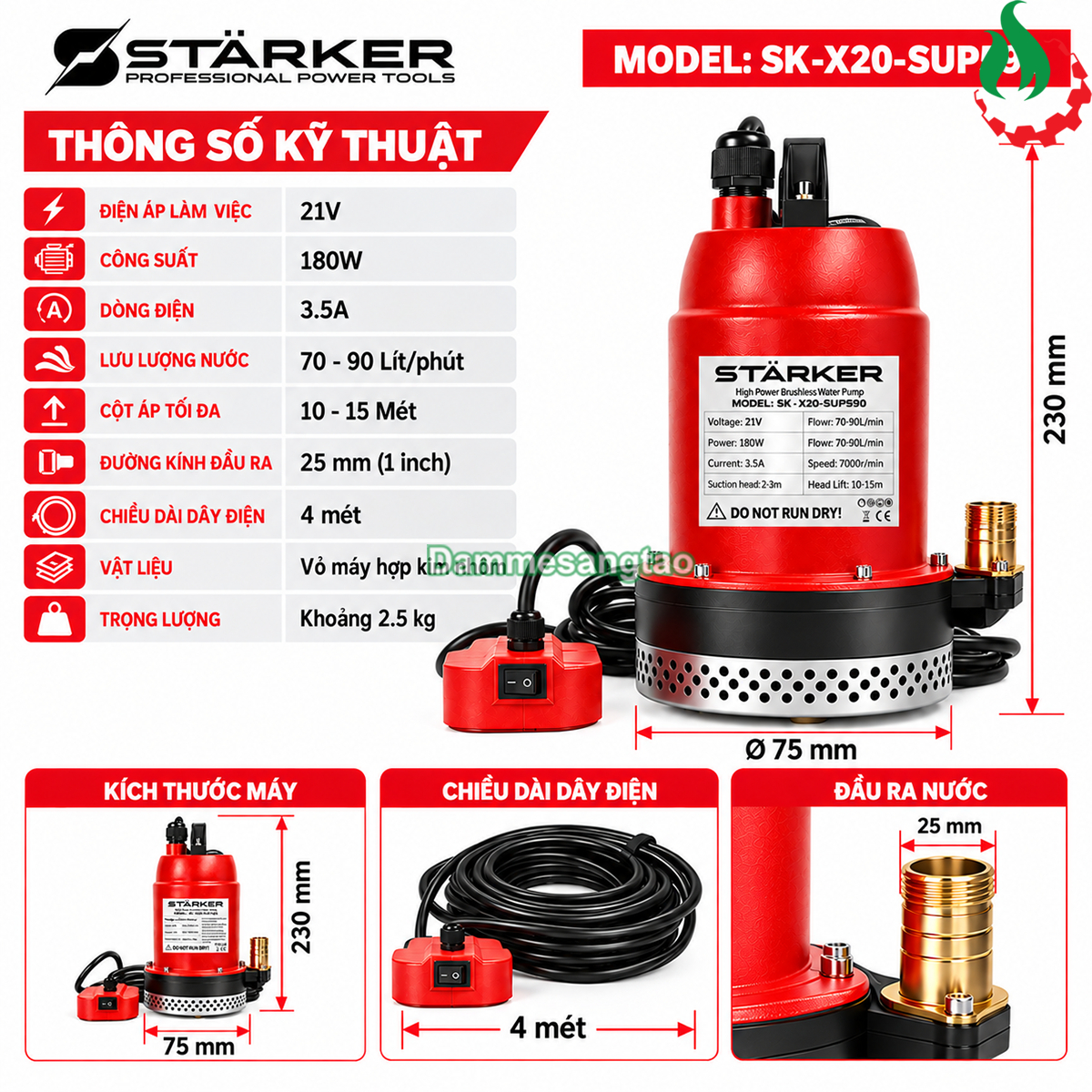 Thông số kỹ thuật máy bơm chìm STARKER SK-X20-SUP590 180W lưu lượng 70-90 lítphút cột áp 10-15 mét